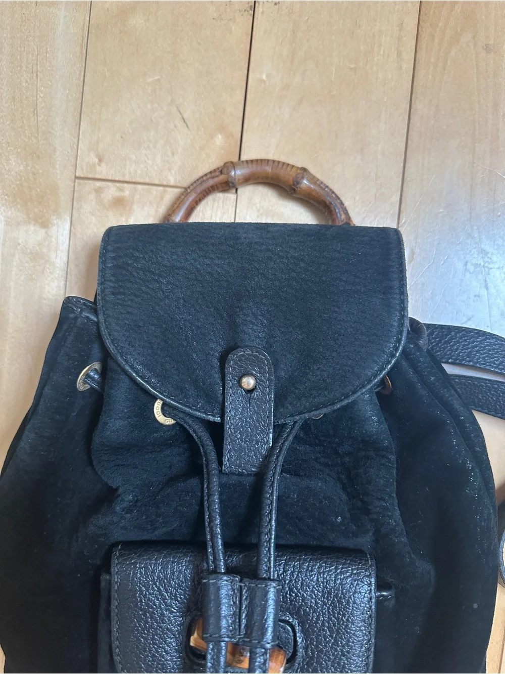 Gucci Black Suede & Leather Backpack with Bamboo Handle Accent
